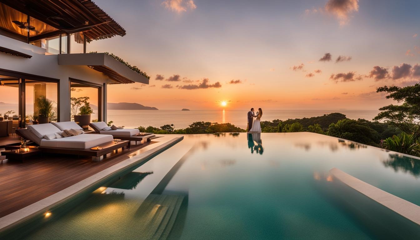 Luxury villa with infinity pool overlooking ocean at sunset for couples